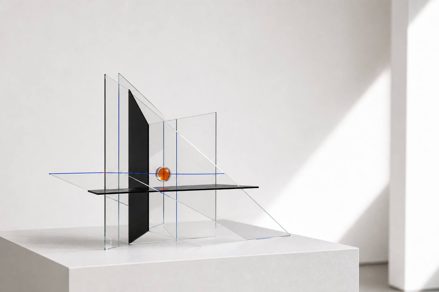Sculpture de verre, plan noir, ligne bleue et noyau orange &eacute;voquant une IA int&eacute;gr&eacute;e au c&oelig;ur du produit
