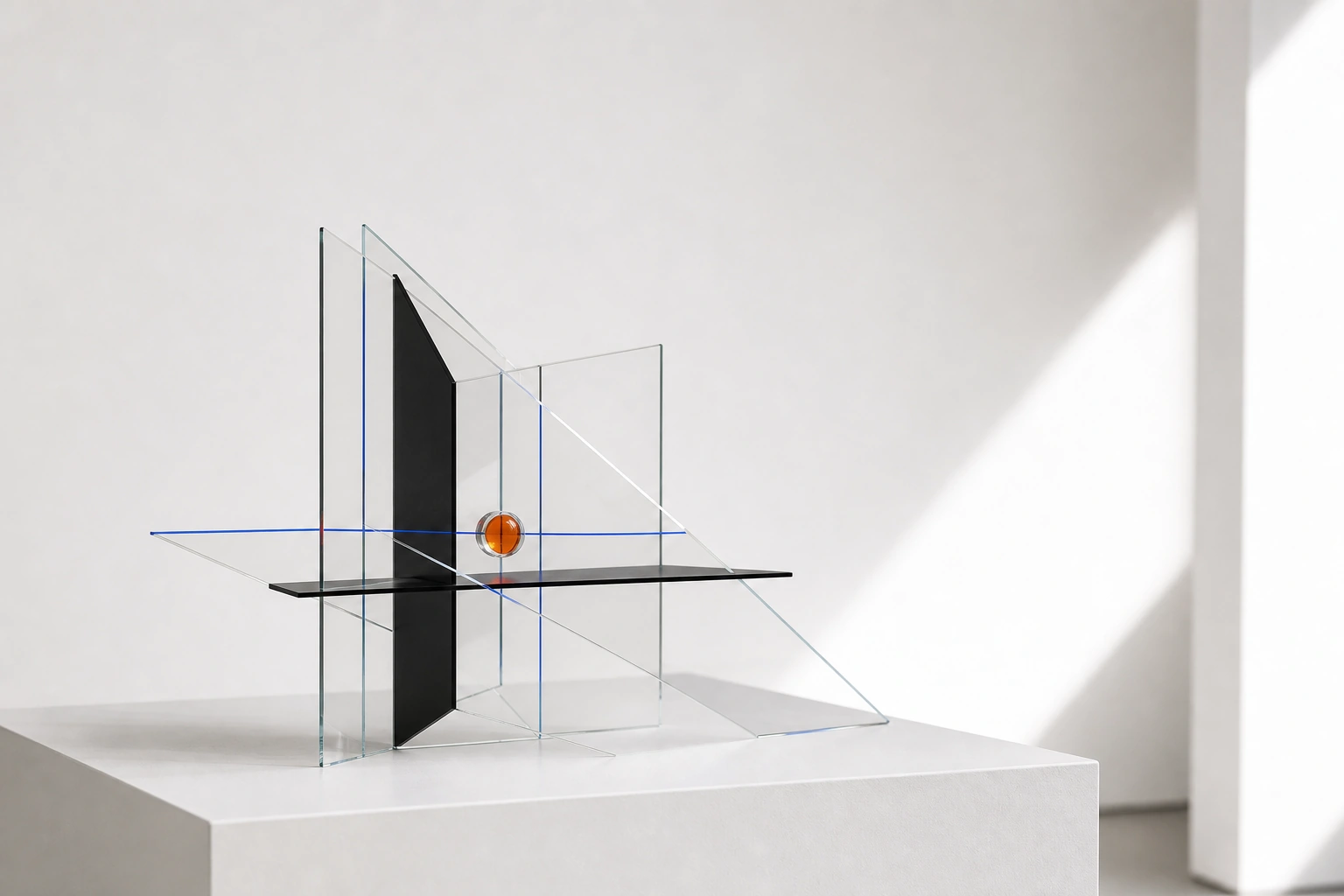 Sculpture de verre, plan noir, ligne bleue et noyau orange évoquant une IA intégrée au cœur du produit
