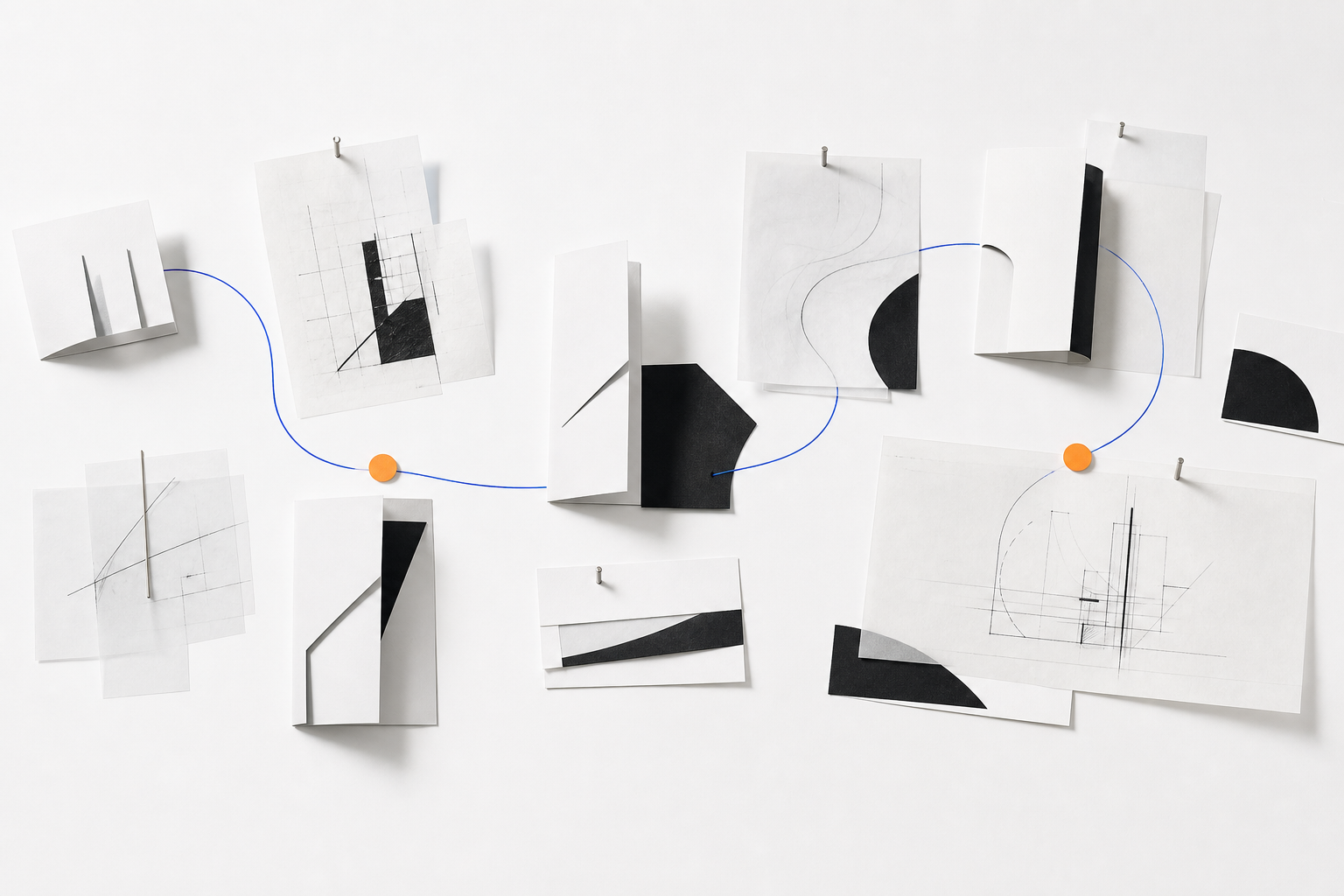 Composition atelier de papiers, formes noires, ligne bleue et marqueurs orange &eacute;voquant les it&eacute;rations produit