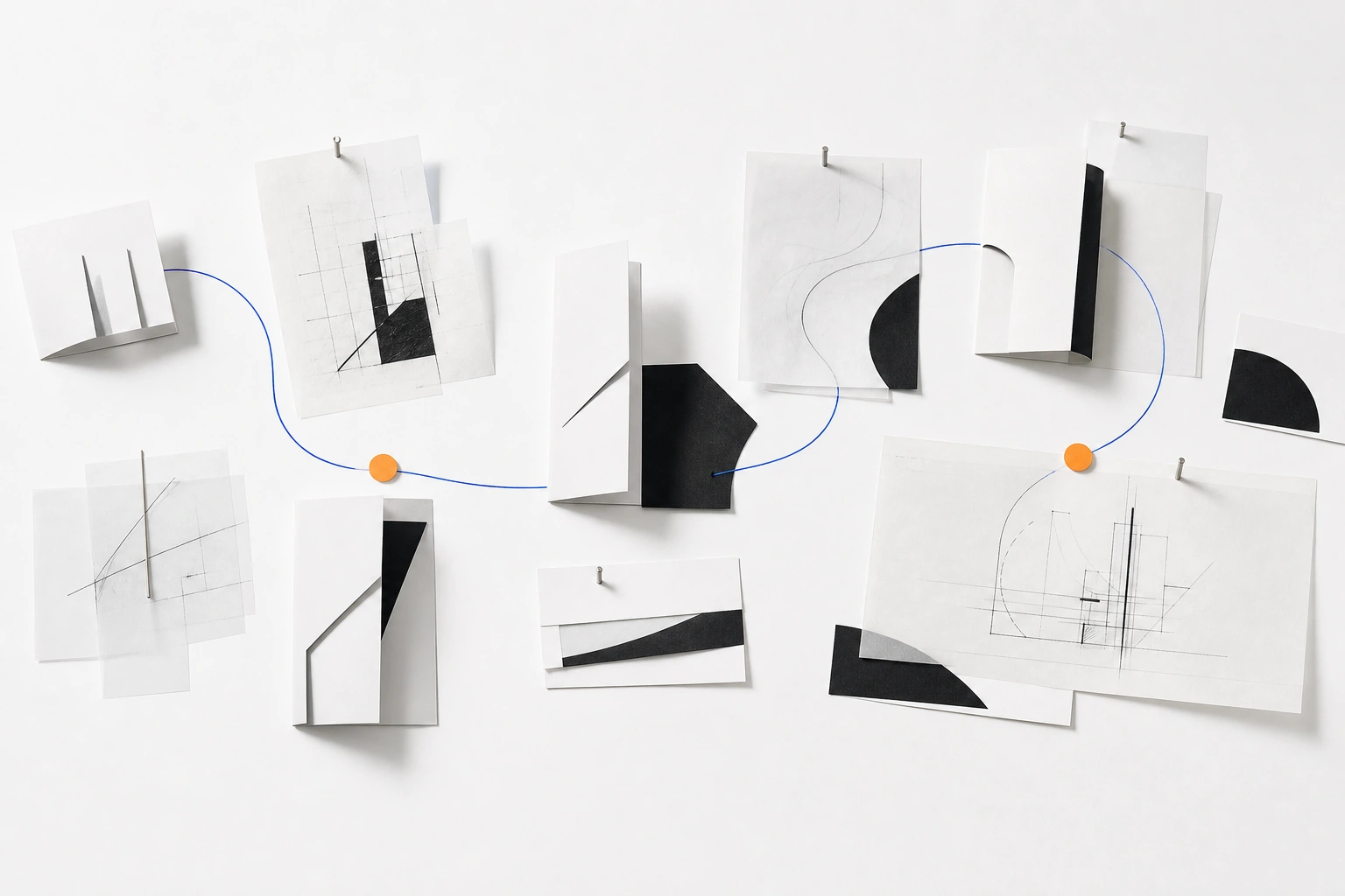 Composition atelier de papiers, formes noires, ligne bleue et marqueurs orange évoquant les itérations produit