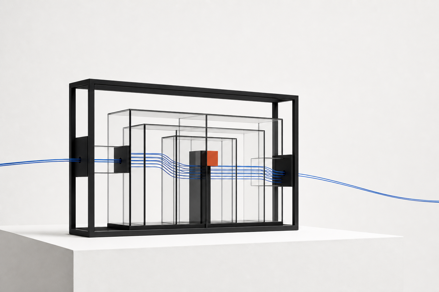 Structure en verre et fils bleus &eacute;voquant un traitement contr&ocirc;l&eacute; des donn&eacute;es