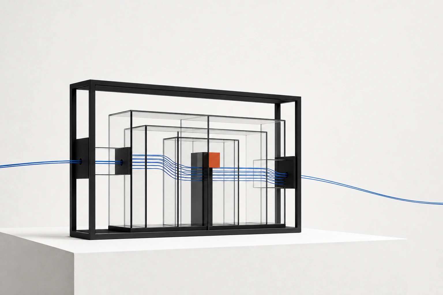 Structure en verre et fils bleus évoquant un traitement contrôlé des données