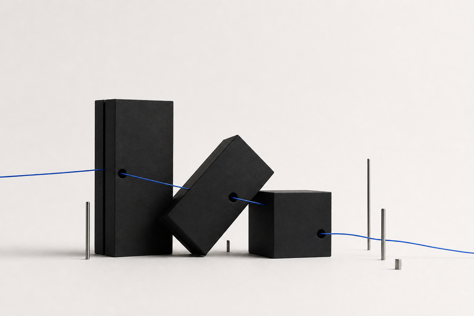 Sculpture de blocs noirs travers&eacute;e par un fil bleu