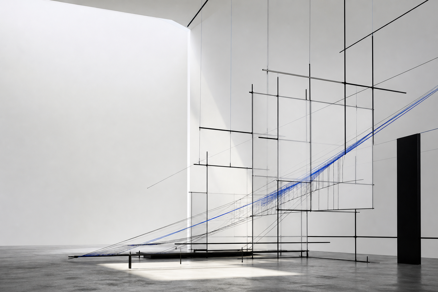 Installation abstraite de tiges noires et fil bleu dans une galerie blanche