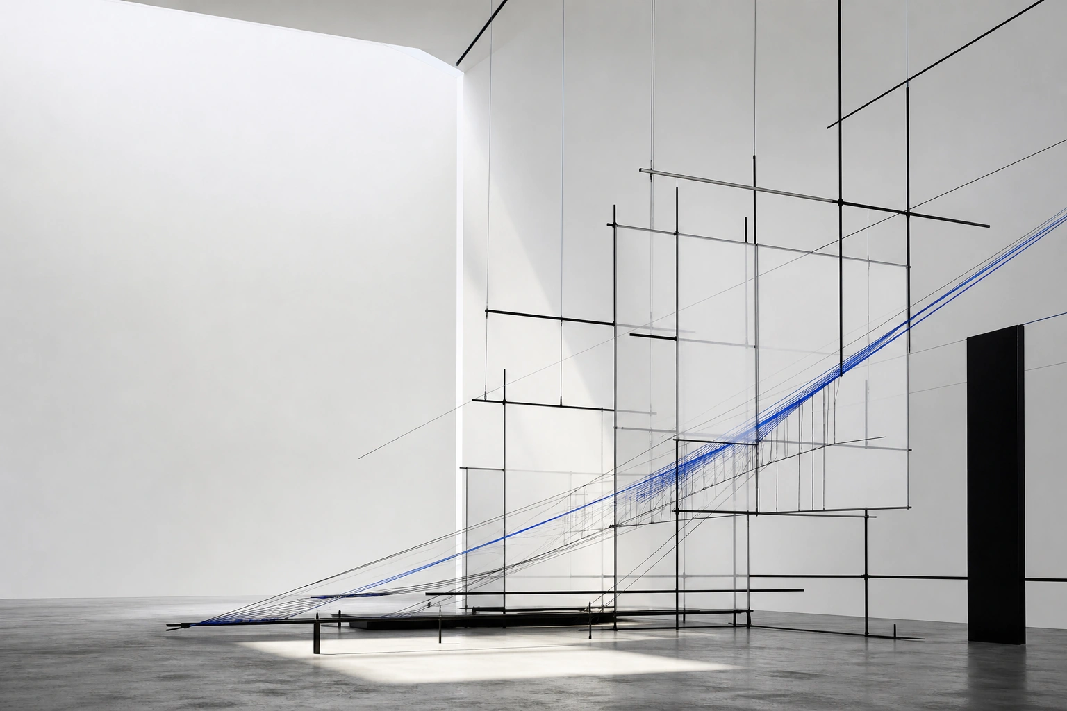 Installation abstraite de tiges noires et fil bleu dans une galerie blanche