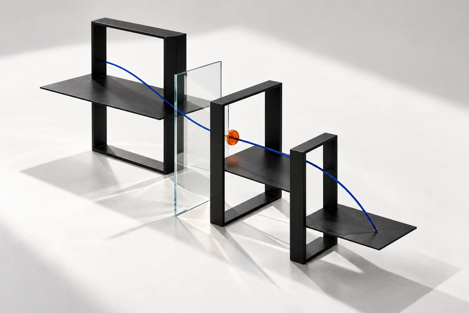 Composition en perspective : cadres et plans noirs, verre transparent, fil bleu continu et point de connexion orange